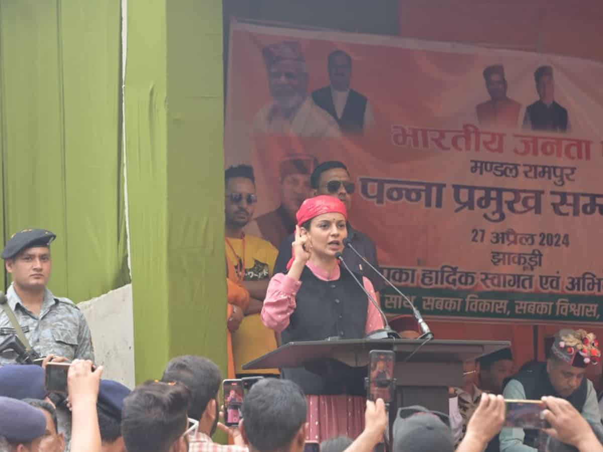 Bollywood actress Kangana Ranaut participates in a BJP rally at Kejri, Rampur.
