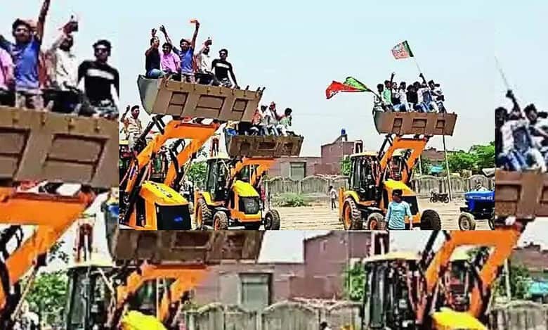 Watch: Bulldozer ‘break dance’ at CM Yogi Adityanath election rally