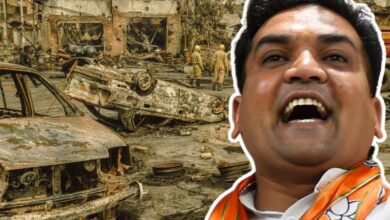 The image shows a background of 20202 Delhi riots with Kapil Mishra in the foreground
