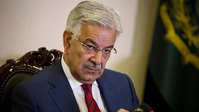 The image displays a picture of Pakistan’s Defence Minister Khawaja Asif