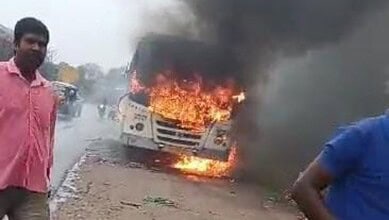 A bus catches fire in Medchal