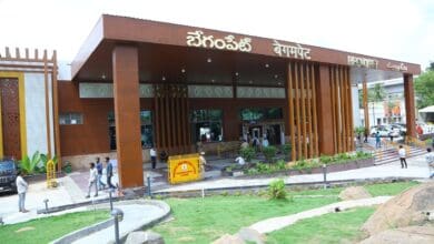 The image displays a picture of newly renovated Begumpet railway station