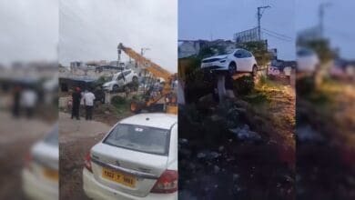 Car climbs on wall in Medchal near Hyderabad, crane removes it