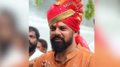 Goshamahal MLA T Raja Singh, who recently resigned from the BJP, attends Bonalu festivities at the Simhavahini Mahankali Lal Darwaza Temple on Sunday