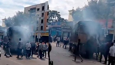 A truck carrying liquor caught fire in Hyderabad