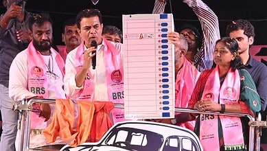 BRS working president KTR with Jubilee Hills by poll candidate Maganti Sunitha during the election campaign