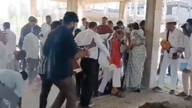 Vemulvada MLA Adi Srinivas falls at the construction site