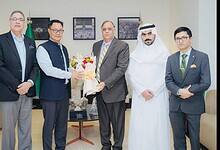 Kiren Rijiju being welcomed in Jeddah by Indian Ambassador Dr Suhel Khan and Consul General Fahad Suri ahead of Haj 2026 talks.