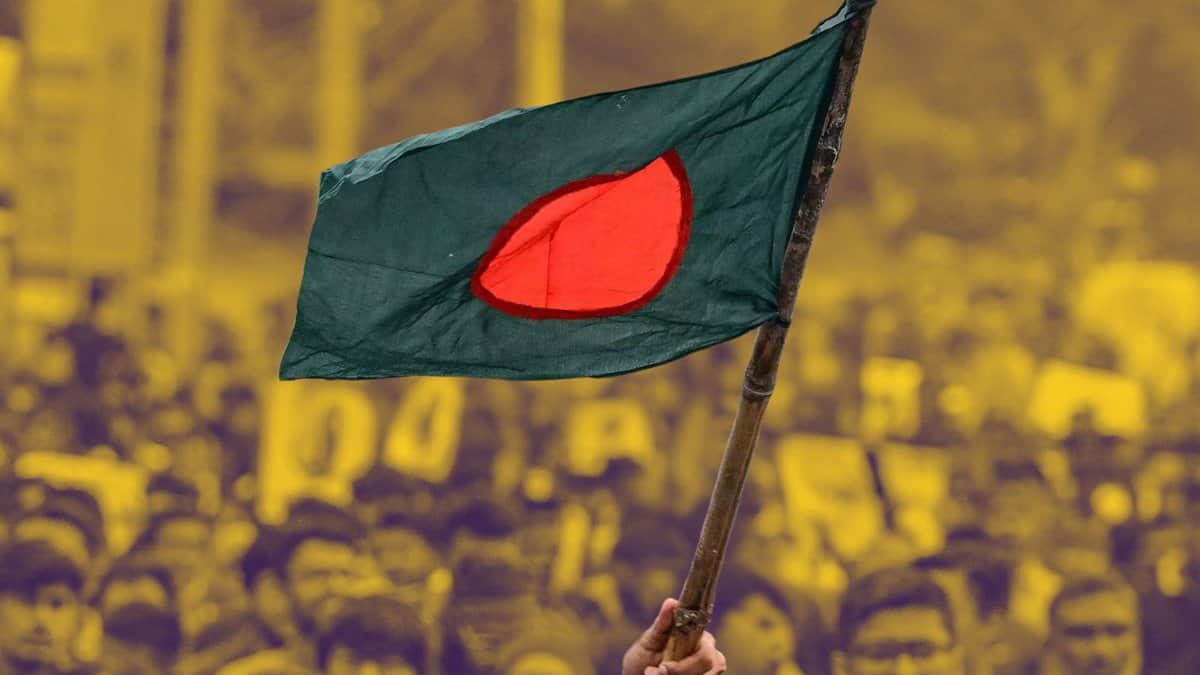 A Bangladeshi flag being raised in a protest.