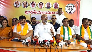 Bharatiya Janata Party's MP from Nizamabad, Dharmapuri Arvind, conducting a press meet.
