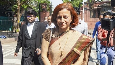 Gitanjali J Angmo, wife of climate activist Sonam Wangchuk, leaves the Supreme Court after a hearing in New Delhi, Wednesday, Oct. 15, 2025. (PTI)