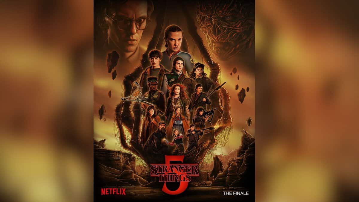 Stranger Things Season 5 poster featuring ensemble cast surrounded by dark supernatural imagery