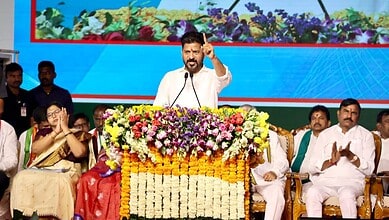 Telangana CM Revanth Reddy addresses a meeting in Nirmal district