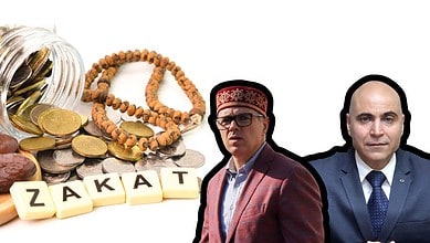 Image showing coins, prayer beads, and two officials discussing Zakat and Sadaqah controversy in Kishtwar.