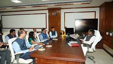The image shows Telangana Labour Minister G Vivek Venkatswamy holding a meeting with the senior officials of the Union Ministry of External Affairs at Dr BR Ambedkar Telangana Secretariat on Thursday, February 26, 2026.