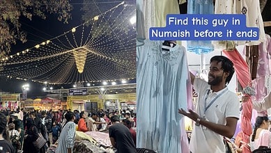 Man selling clothes at Hyderabad Numaish 2026 fair, with meme overlay.