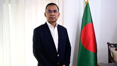 Tarique Rahman, Bangladesh politician, speaking during his first address after recent political chan.