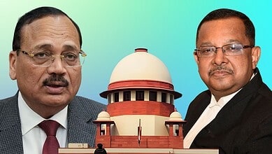 Two Indian Supreme Court judges in discussion, with the court building in the background.