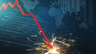Graph showing Sensex and Nifty indices dropping 1% during mid-session trading.