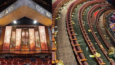 View of the Oscars 2026 auditorium with littered seats after the event.