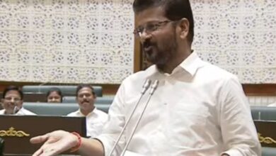 The image shows Telangana CM A Revanth Reddy delivering his speech on the vote of thanks for the governor's speech in the Telangana assembly session on Wednesday, March 18.