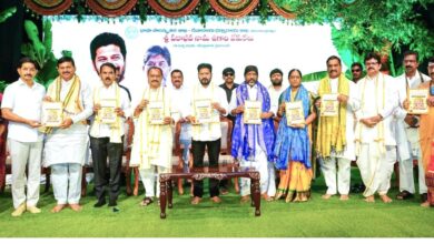 The image shows Telangana CM A Revanth Reddy and ministers attending the Ugadi celebrations held at Ravindra Bharathi in Hyderabad on Thursday, March 19.