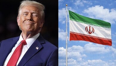Image showing US President Donald Trump and the Iranian flag amid tensions.