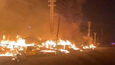 Burning high tension wires and damaged shops after fire in Bachupally, 20 shops gutted.