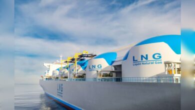 LNG tanker transporting liquefied natural gas at sea.