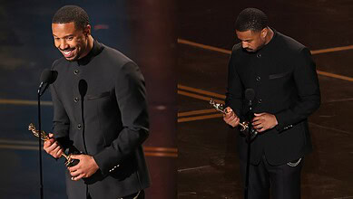 Michael B Jordan holding his Oscar award on stage after winning Best Actor for ‘Sinners’ at the Oscars 20.