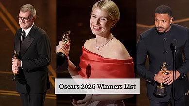 Three Oscar winners at the 2026 ceremony holding their awards on stage.