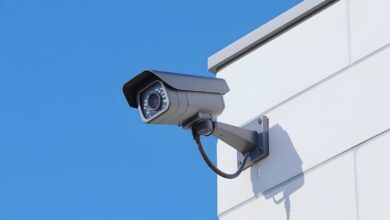 Image shows A wall-mounted CCTV security camera with infrared LEDs is affixed to the corner of a white building against a clear blue sky.