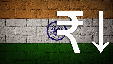 Illustration of Indian Rupee symbol with downward arrow on Indian flag background.