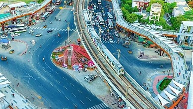 Aerial view of Uppal Ring Road with diversions and traffic congestion due to flyover construction.