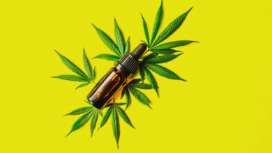 Image shows A amber glass dropper bottle of CBD oil resting on cannabis leaves against a bright yellow background.
