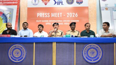Image shows Officials from the Hyderabad Cricket Association and Telangana Police address a Tata IPL 2026 press meet at Rajiv Gandhi International Cricket Stadium, Uppal, Hyderabad.