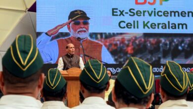 Defence Minister Rajnath Singh during the Sainik Samman Sammelan, in Thiruvananthapuram, Thursday, April 2, 2026. (PTI Photo)