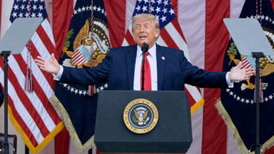 President Donald Trump speaks during the Memorial Day ceremony at Arlington National Cemetery, Monday, May 25, 2026, in Arlington
