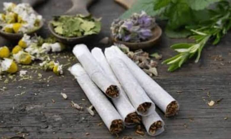 Hand-rolled herbal cigarettes with dried herbs and flowers on rustic wooden surface, natural alternative.