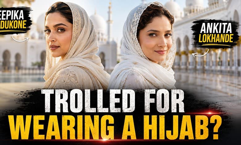 Deepika Padukone and Ankita Lokhande wearing hijabs at a cultural site, promoting modest fashion and cult.