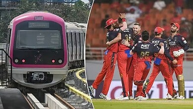 Train arriving at station with a cricket team celebrating on the field.