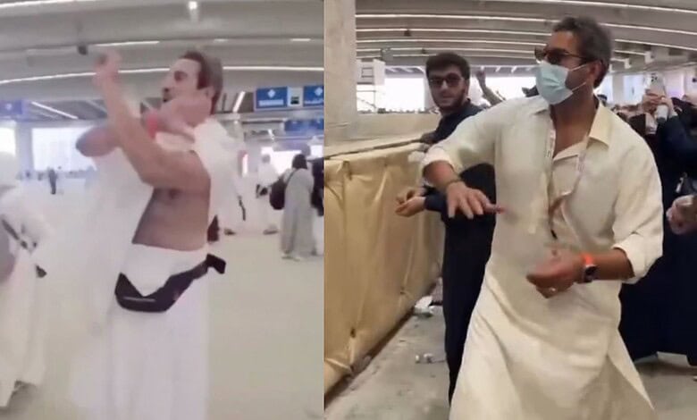Former Pakistan cricket captain Wasim Akram performs the Rami al-Jamarat ritual in Mina during Haj, using a bowling-style motion while throwing pebbles.