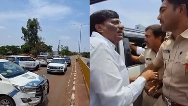 The image shows former BRS MLA Koppula Mahesh Reddy being taken iiinto preventive custody while heading to attend a farmers' protest in Kadlapur village of Pargi mandal in Vikarabad district on Friday, June 12, 2026.