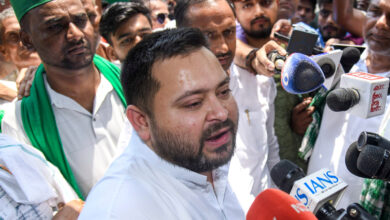 Leader of Opposition in the Bihar Assembly and RJD leader Tejashwi Yadav speaks to the media, in Patna
