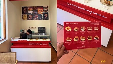 A. Freshly baked pastries and desserts displayed at a bakery counter with a menu board in the background.