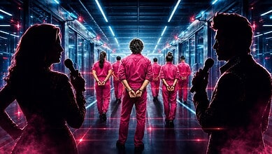A woman and a man holding microphones in a futuristic data centre with healthcare professionals in pink s.