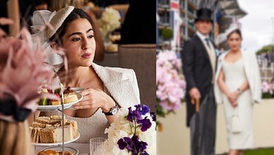 Sara Ali Khan and Henry Cavill at a public event, dressed elegantly and posing for photos.