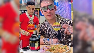Young man wearing stylish clothes and jewelry, showcasing food and products in a retail store setting.