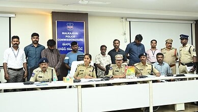 Malkajgiri Police officials and media at a press conference in Hyderabad, discussing law enforcement upda.