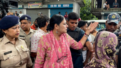 BJP leader Agnimitra Paul speaks with the family members of a 12-year-old girl who was allegedly gang-raped and murdered